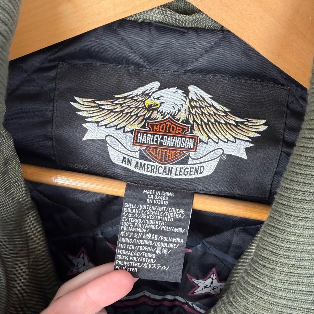 Harley-Davidson Mens XL Olive Green Nylon Bomber Jacket Embroidered Wing Logo - Picture 7 of 8